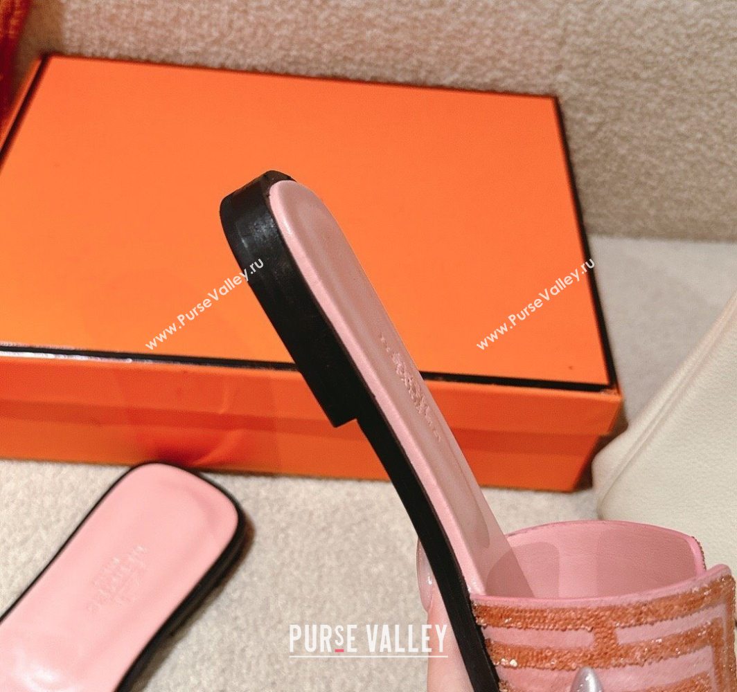 Hermes Classic Oran Flat Slides Sandal in Suede and Strass Light Pink 2025 0606 (MD-250606183)