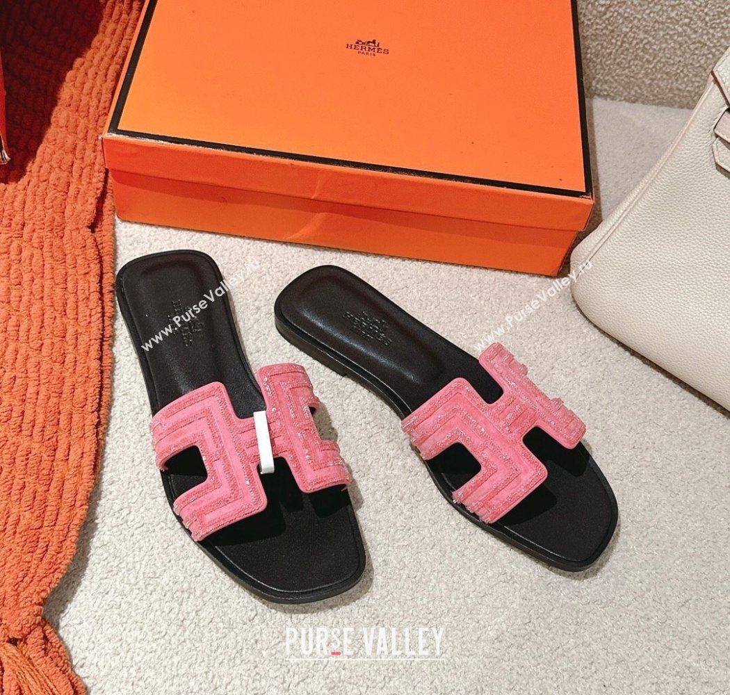 Hermes Classic Oran Flat Slides Sandal in Suede and Strass Pink2 2025 0606 (MD-250606184)