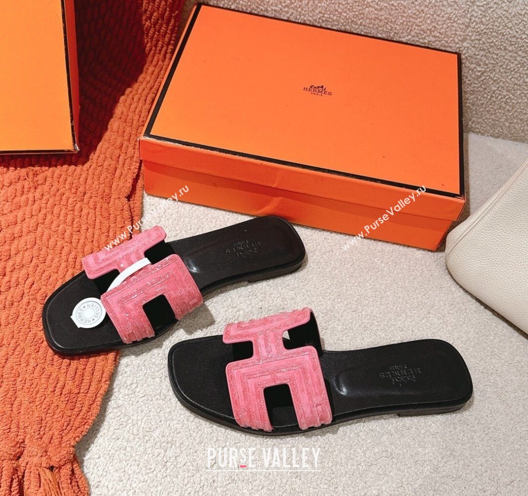 Hermes Classic Oran Flat Slides Sandal in Suede and Strass Pink2 2025 0606 (MD-250606184)