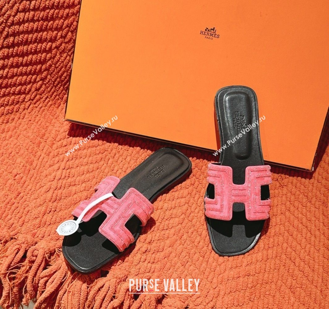 Hermes Classic Oran Flat Slides Sandal in Suede and Strass Pink2 2025 0606 (MD-250606184)