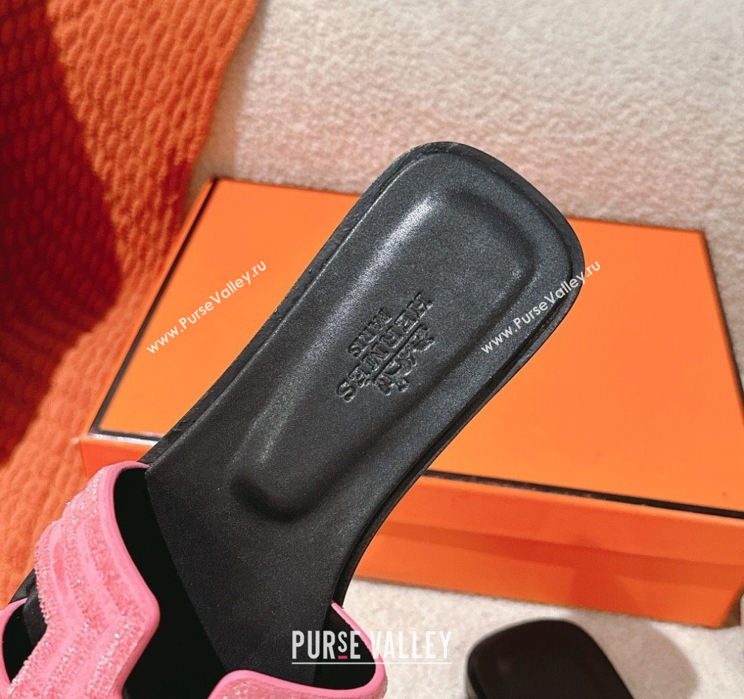Hermes Classic Oran Flat Slides Sandal in Suede and Strass Pink2 2025 0606 (MD-250606184)