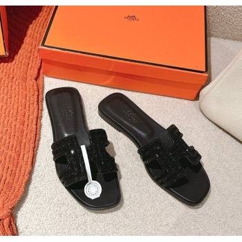 Hermes Classic Oran Flat Slides Sandal in Suede and Strass All Black 2025 0606 (MD-250606185)