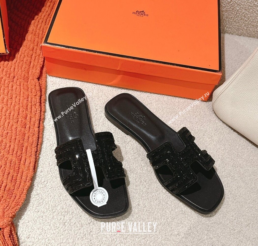 Hermes Classic Oran Flat Slides Sandal in Suede and Strass All Black 2025 0606 (MD-250606185)