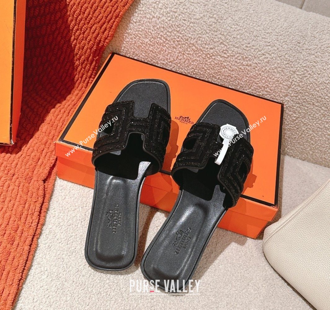 Hermes Classic Oran Flat Slides Sandal in Suede and Strass All Black 2025 0606 (MD-250606185)