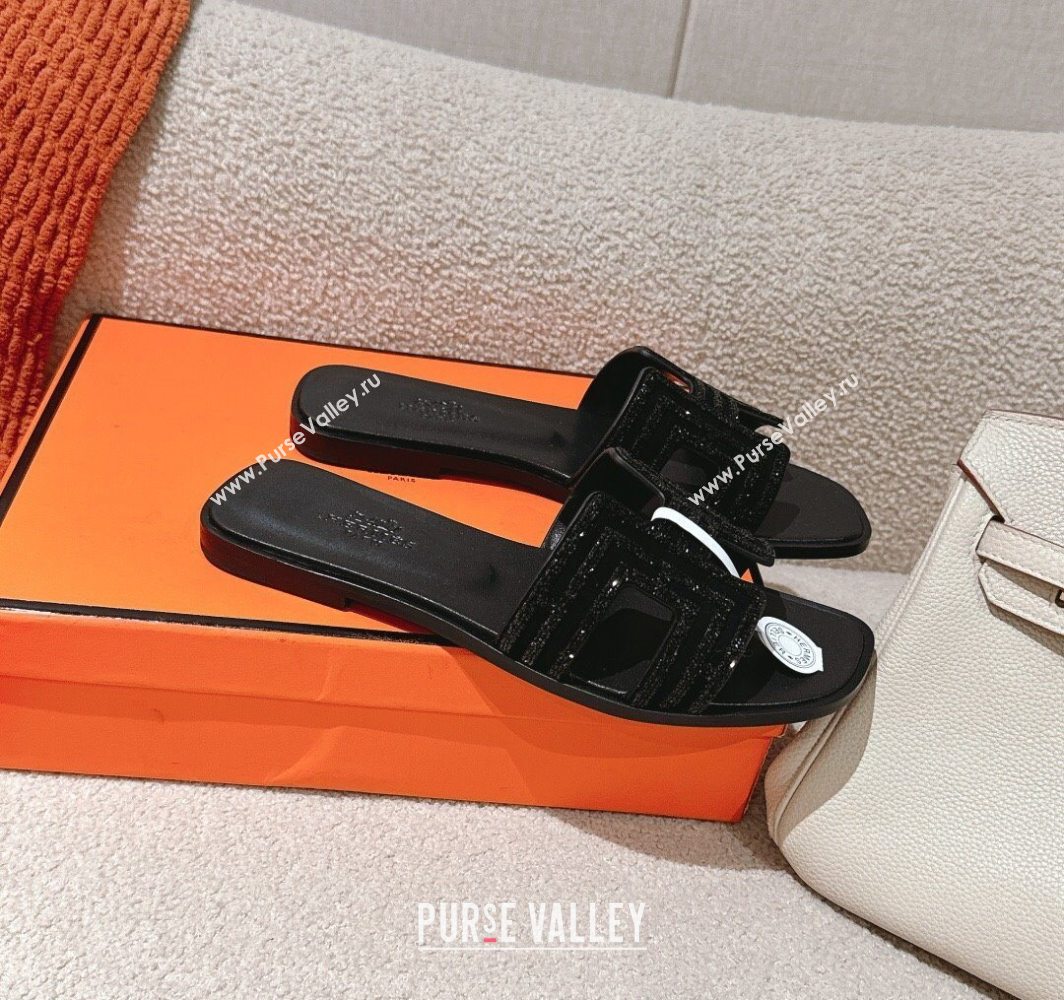 Hermes Classic Oran Flat Slides Sandal in Suede and Strass All Black 2025 0606 (MD-250606185)