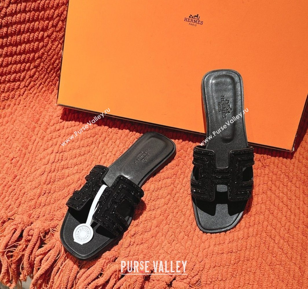 Hermes Classic Oran Flat Slides Sandal in Suede and Strass All Black 2025 0606 (MD-250606185)
