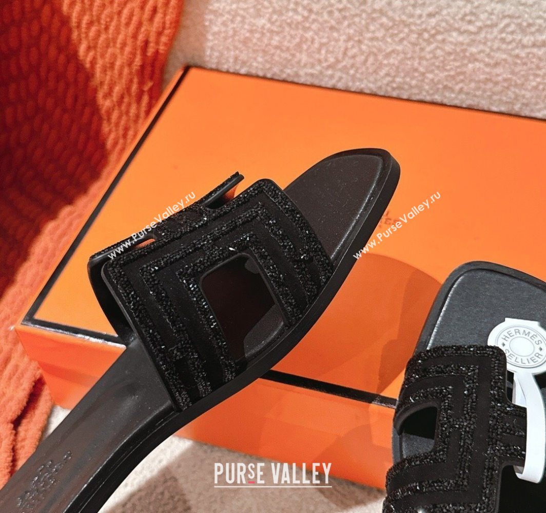 Hermes Classic Oran Flat Slides Sandal in Suede and Strass All Black 2025 0606 (MD-250606185)