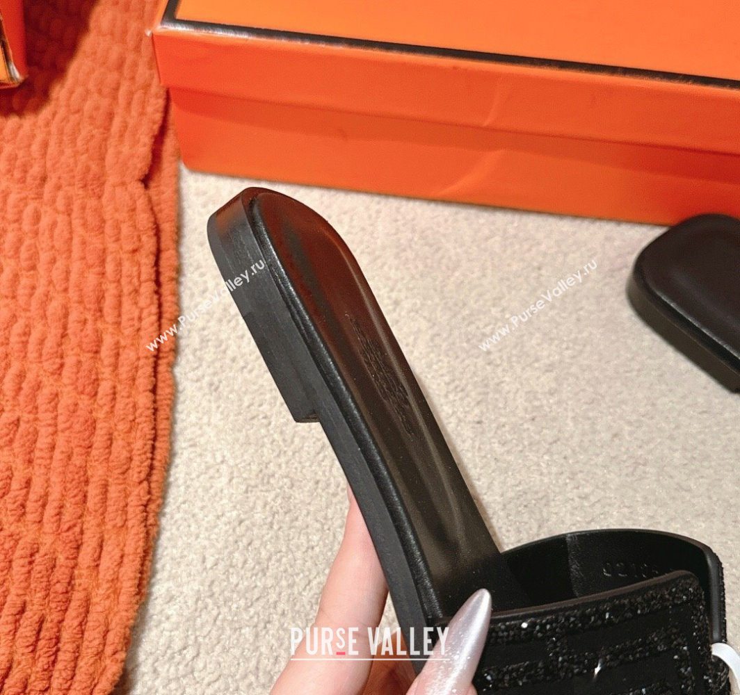 Hermes Classic Oran Flat Slides Sandal in Suede and Strass All Black 2025 0606 (MD-250606185)