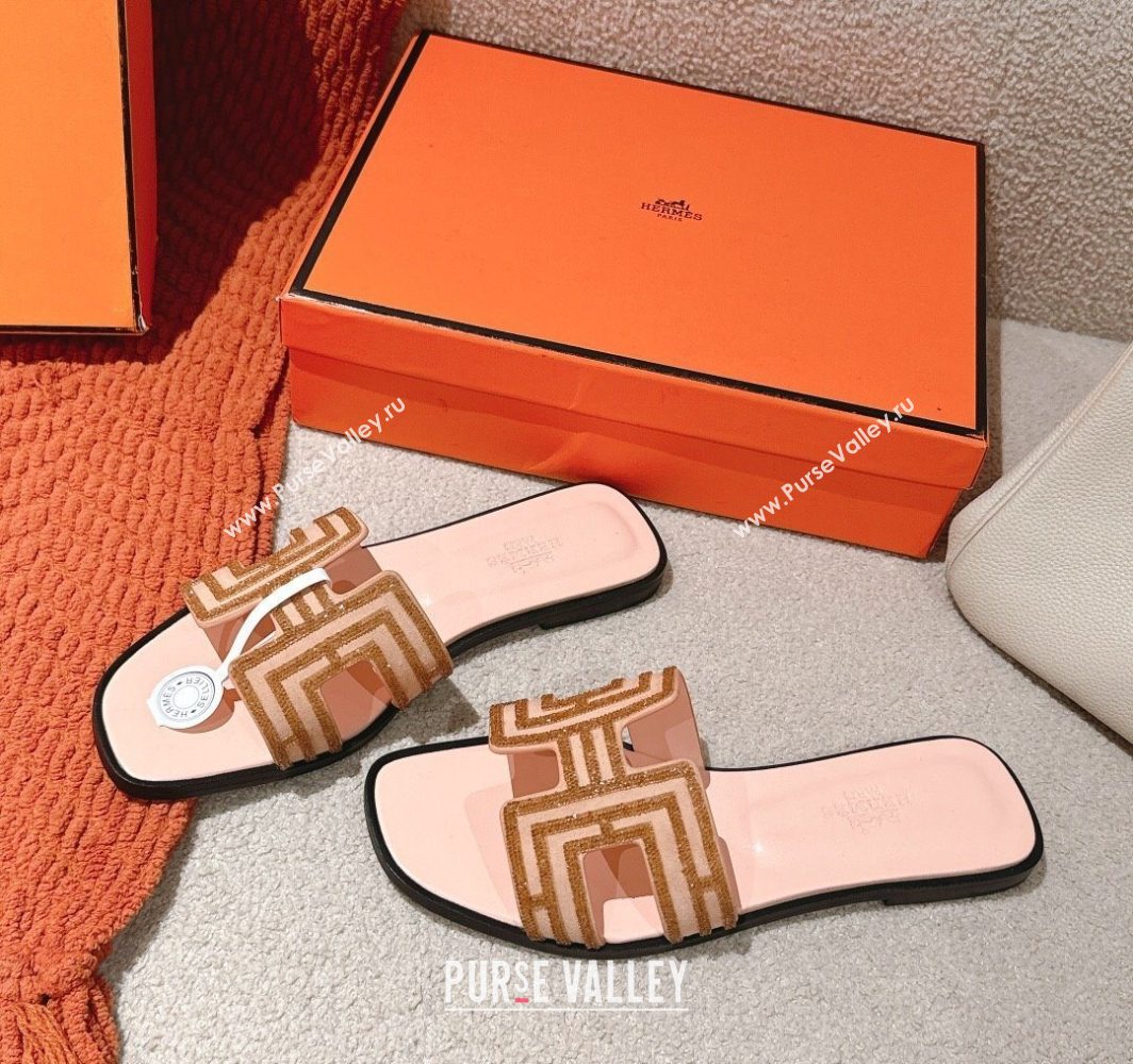 Hermes Classic Oran Flat Slides Sandal in Suede and Strass Beige 2025 0606 (MD-250606186)