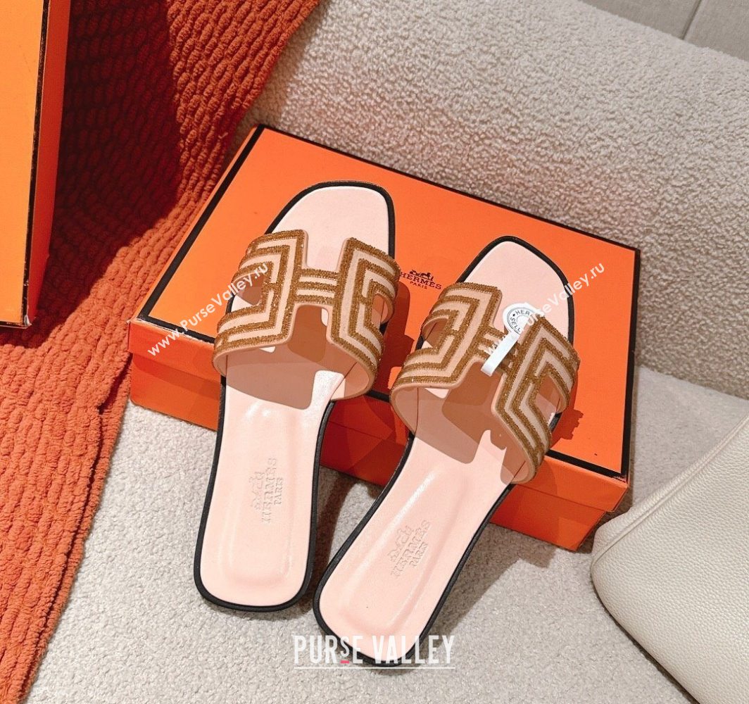 Hermes Classic Oran Flat Slides Sandal in Suede and Strass Beige 2025 0606 (MD-250606186)