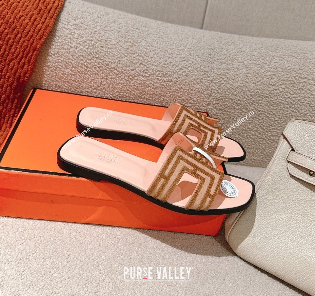 Hermes Classic Oran Flat Slides Sandal in Suede and Strass Beige 2025 0606 (MD-250606186)