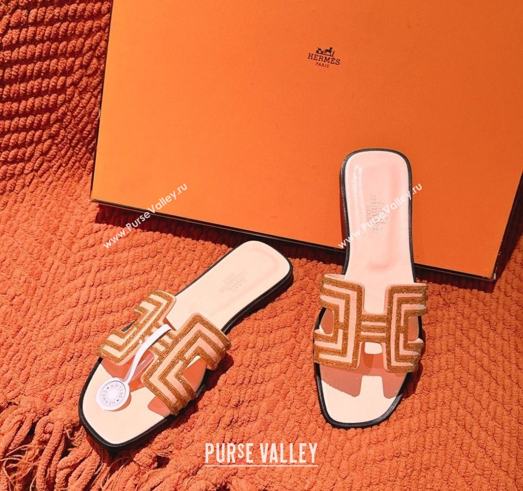 Hermes Classic Oran Flat Slides Sandal in Suede and Strass Beige 2025 0606 (MD-250606186)