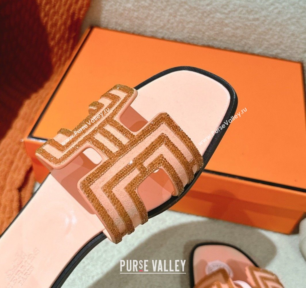 Hermes Classic Oran Flat Slides Sandal in Suede and Strass Beige 2025 0606 (MD-250606186)