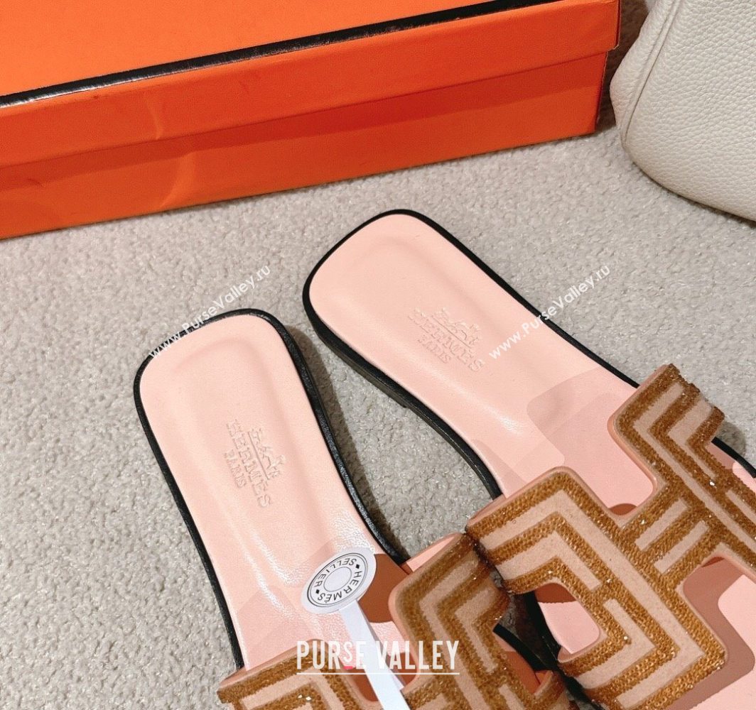 Hermes Classic Oran Flat Slides Sandal in Suede and Strass Beige 2025 0606 (MD-250606186)