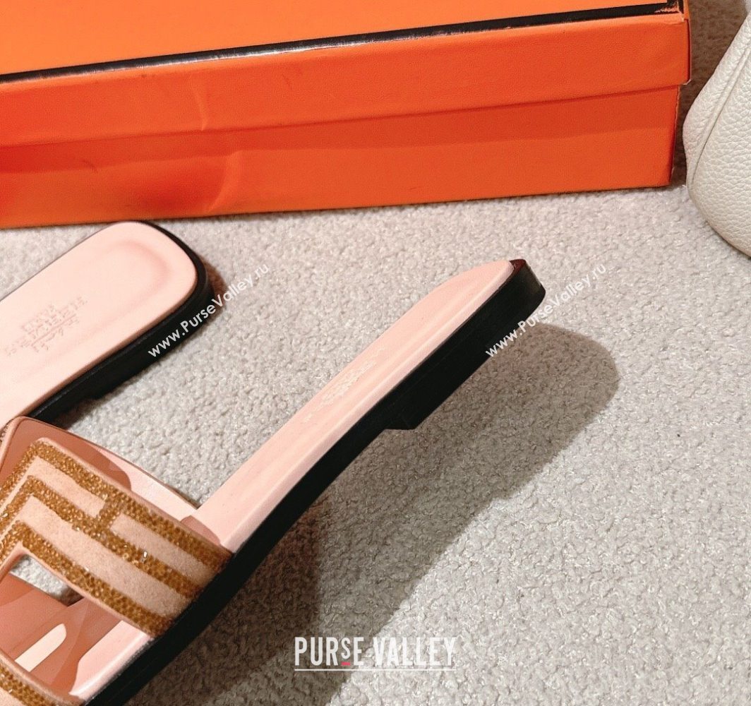 Hermes Classic Oran Flat Slides Sandal in Suede and Strass Beige 2025 0606 (MD-250606186)