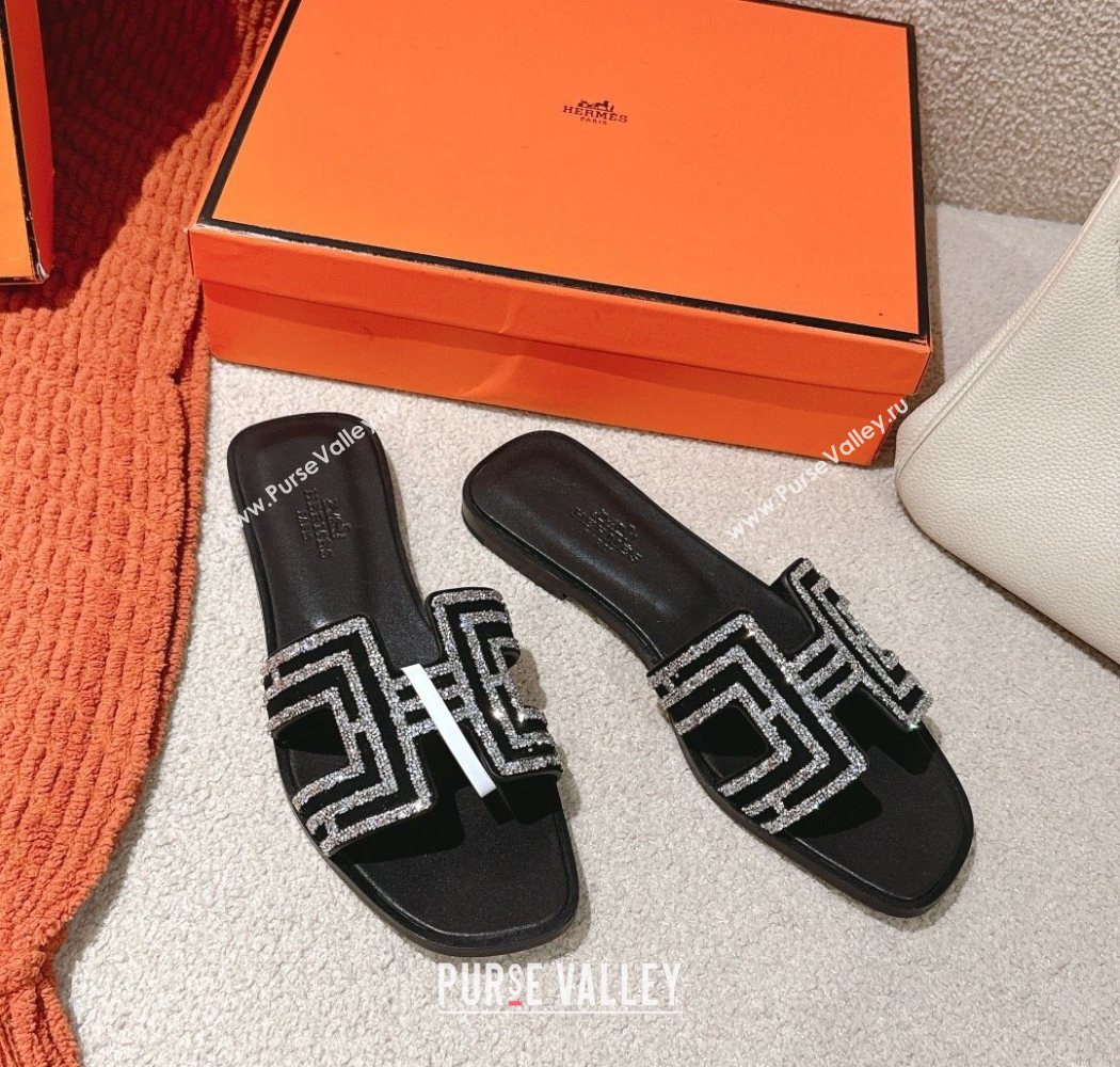 Hermes Classic Oran Flat Slides Sandal in Suede and Strass Black/Silver 2025 0606 (MD-250606187)