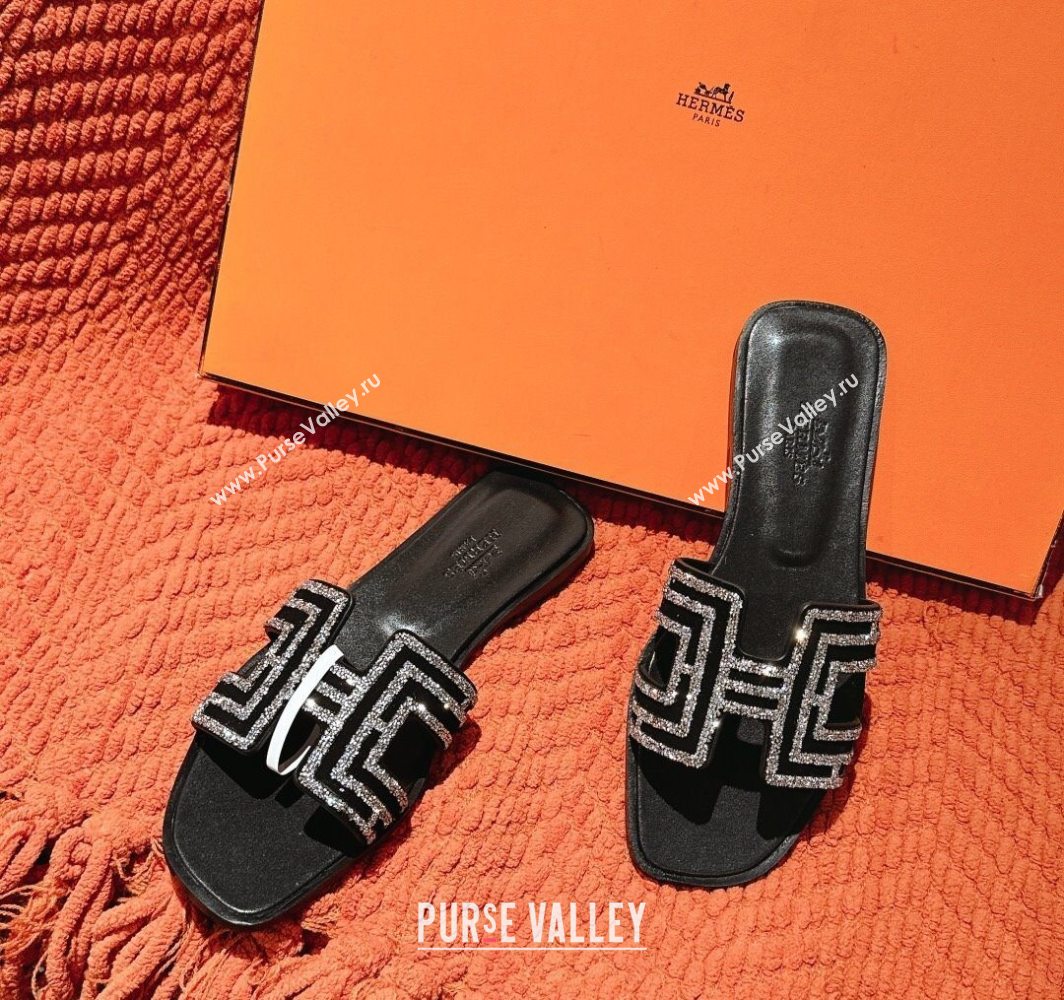 Hermes Classic Oran Flat Slides Sandal in Suede and Strass Black/Silver 2025 0606 (MD-250606187)