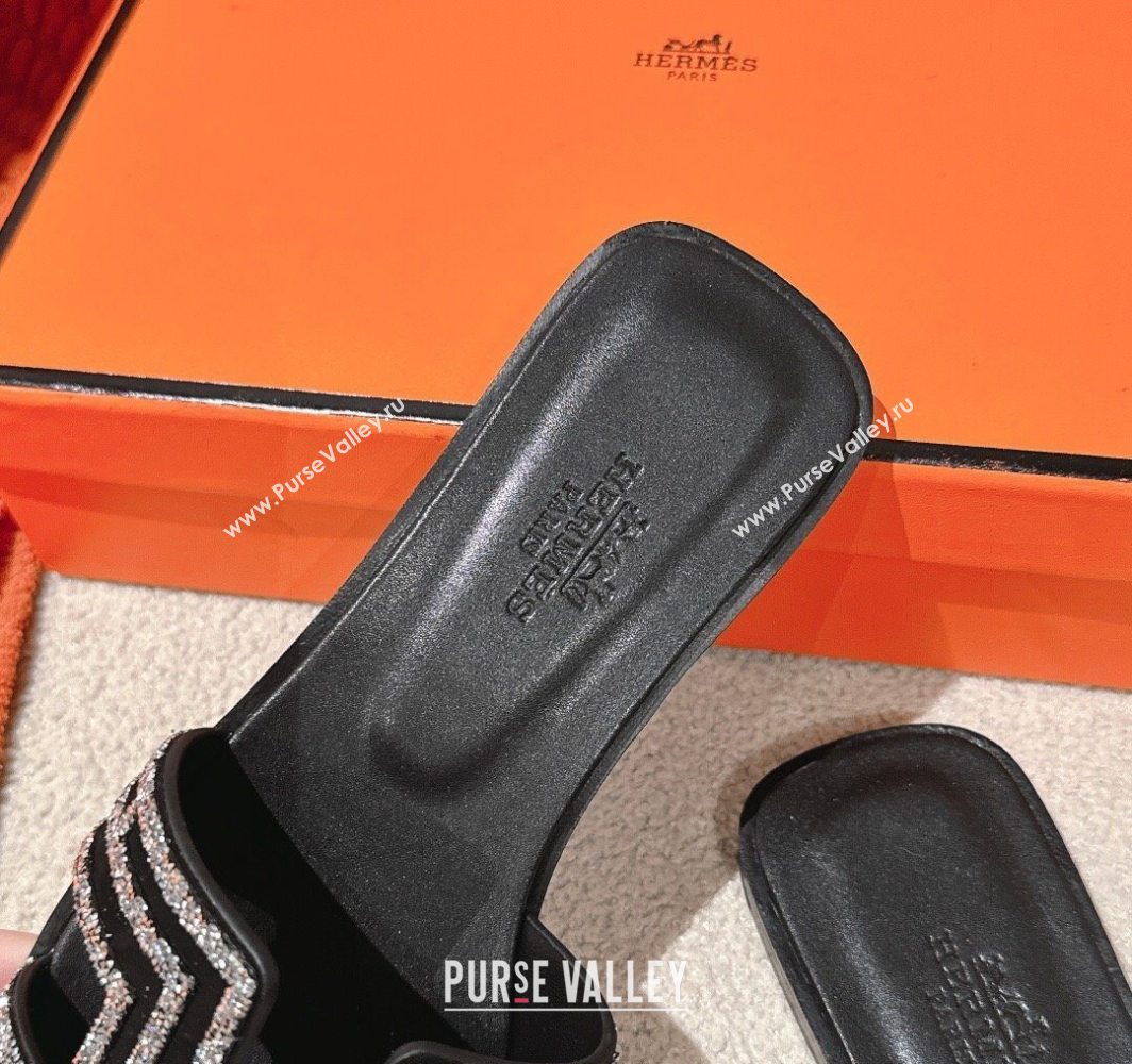 Hermes Classic Oran Flat Slides Sandal in Suede and Strass Black/Silver 2025 0606 (MD-250606187)