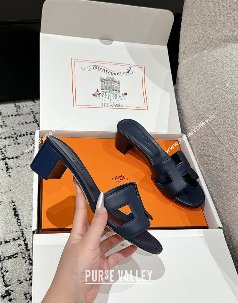 Hermes Classic Oasis Heel Slides Sandal 4.5cm in Shiny Calfskin Dark Blue 2025 0606 (MD-250606103)