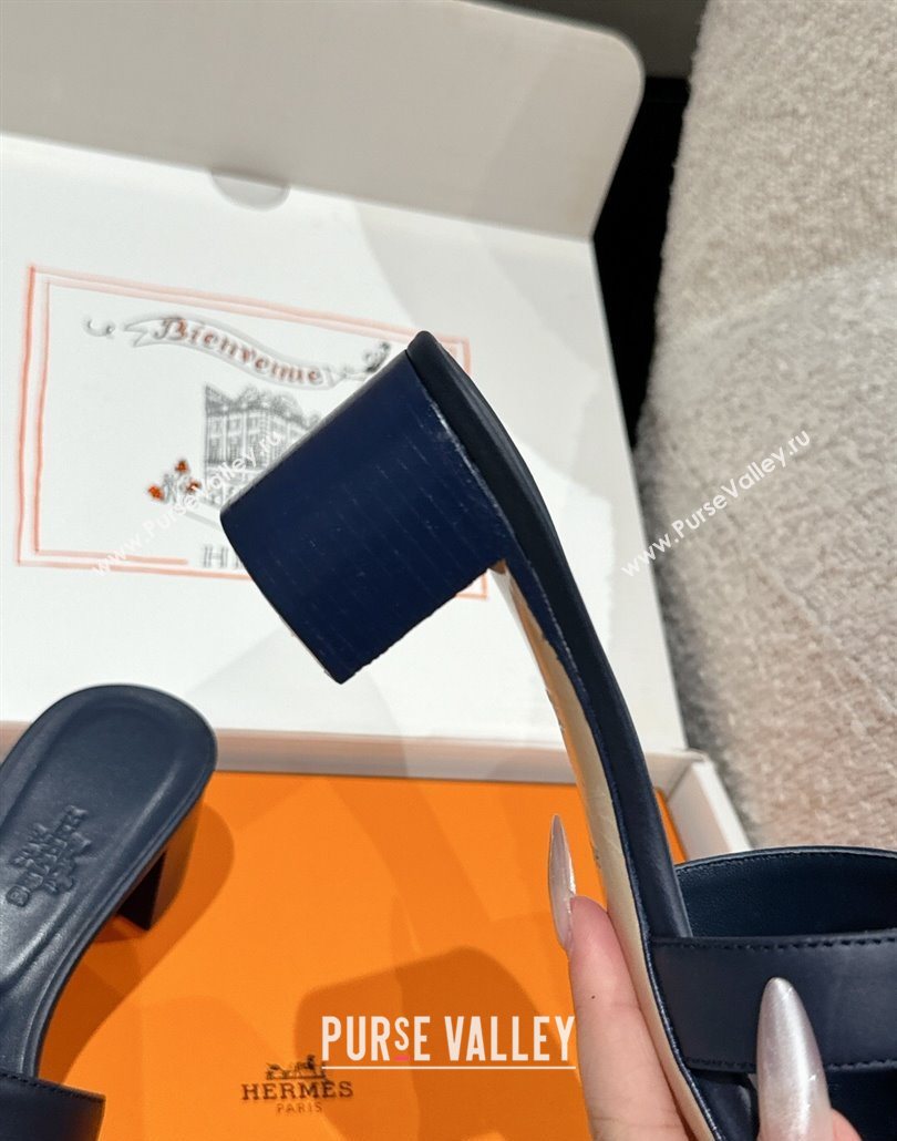Hermes Classic Oasis Heel Slides Sandal 4.5cm in Shiny Calfskin Dark Blue 2025 0606 (MD-250606103)