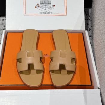 Hermes Classic Oran Flat Slides Sandal in Shiny Calfskin Light Brown 2025 0606 (MD-250606116)