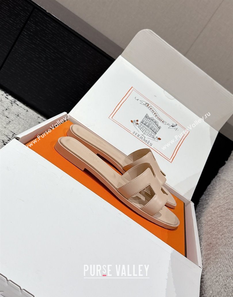 Hermes Classic Oran Flat Slides Sandal in Shiny Calfskin Rose Beige 2025 0606 (MD-250606117)