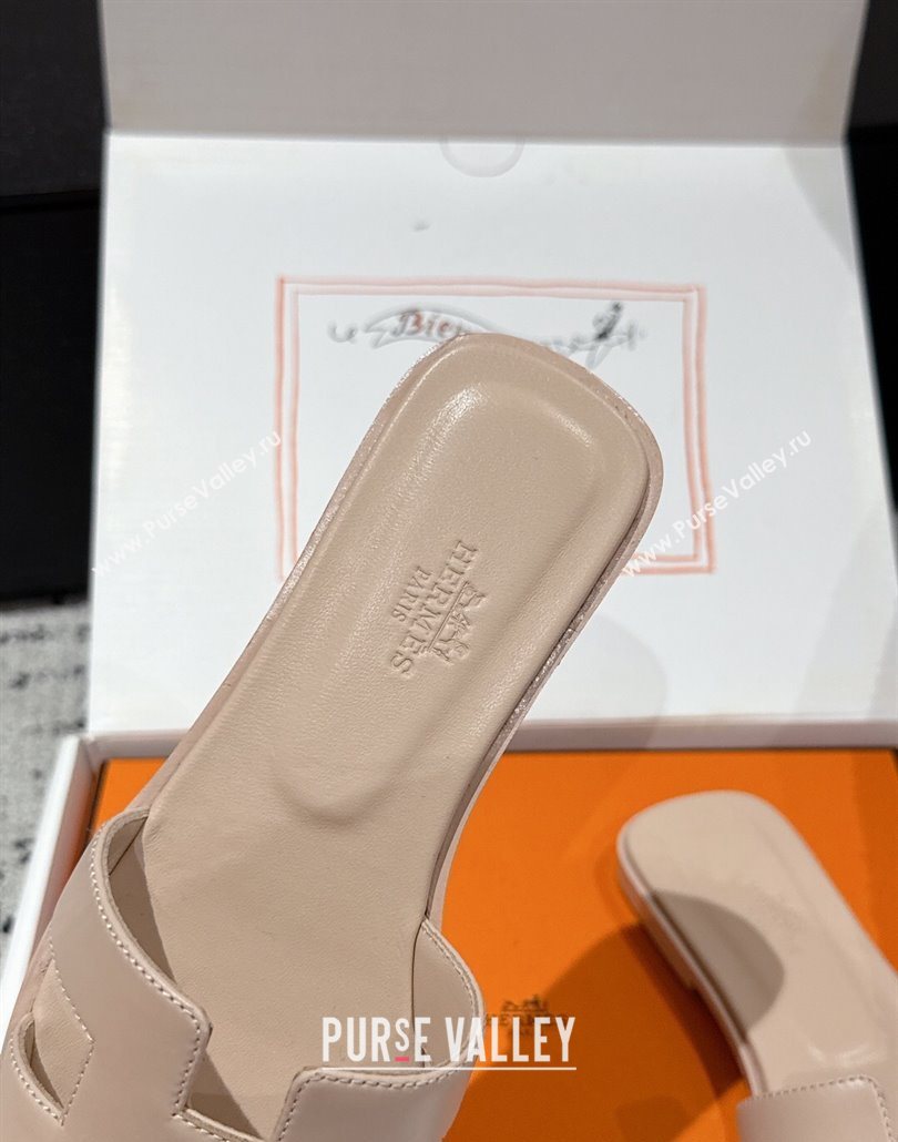 Hermes Classic Oran Flat Slides Sandal in Shiny Calfskin Rose Beige 2025 0606 (MD-250606117)