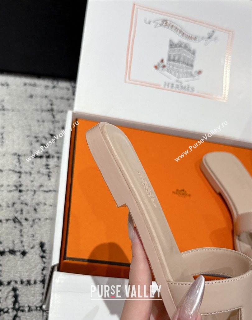 Hermes Classic Oran Flat Slides Sandal in Shiny Calfskin Rose Beige 2025 0606 (MD-250606117)