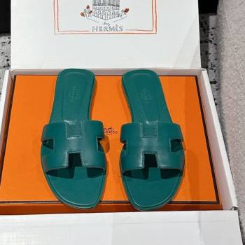 Hermes Classic Oran Flat Slides Sandal in Shiny Calfskin Green 02 2025 0606 (MD-250606118)