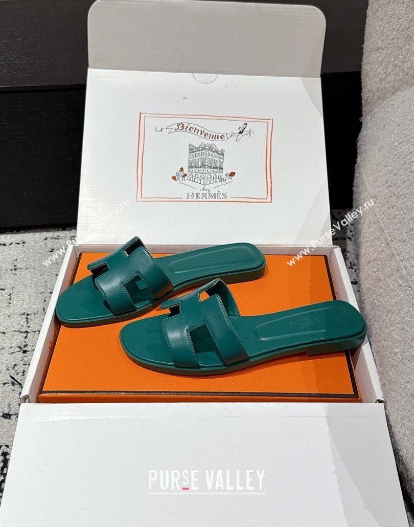 Hermes Classic Oran Flat Slides Sandal in Shiny Calfskin Green 02 2025 0606 (MD-250606118)