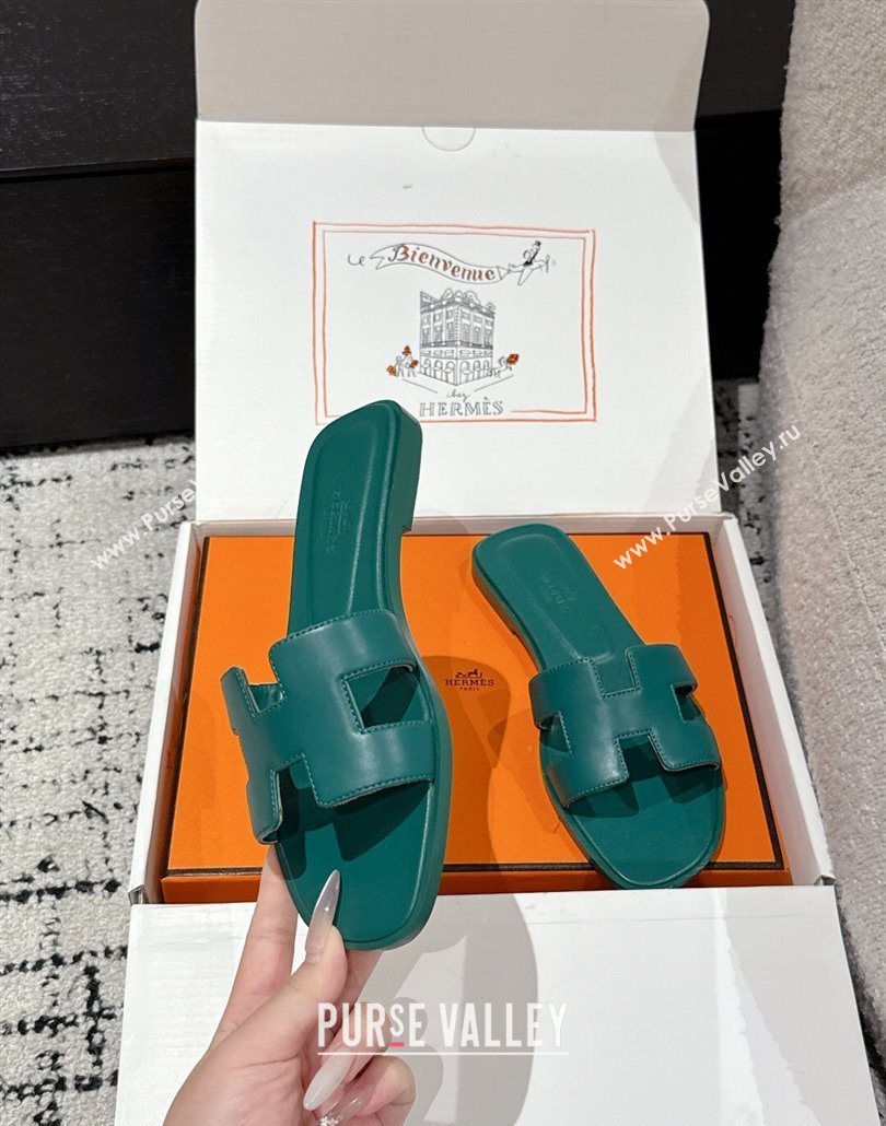 Hermes Classic Oran Flat Slides Sandal in Shiny Calfskin Green 02 2025 0606 (MD-250606118)