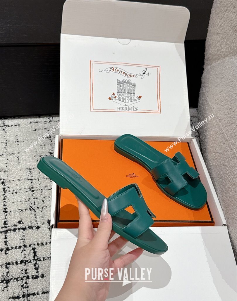 Hermes Classic Oran Flat Slides Sandal in Shiny Calfskin Green 02 2025 0606 (MD-250606118)