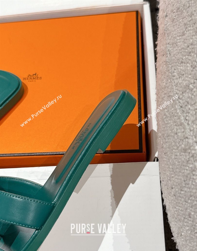 Hermes Classic Oran Flat Slides Sandal in Shiny Calfskin Green 02 2025 0606 (MD-250606118)