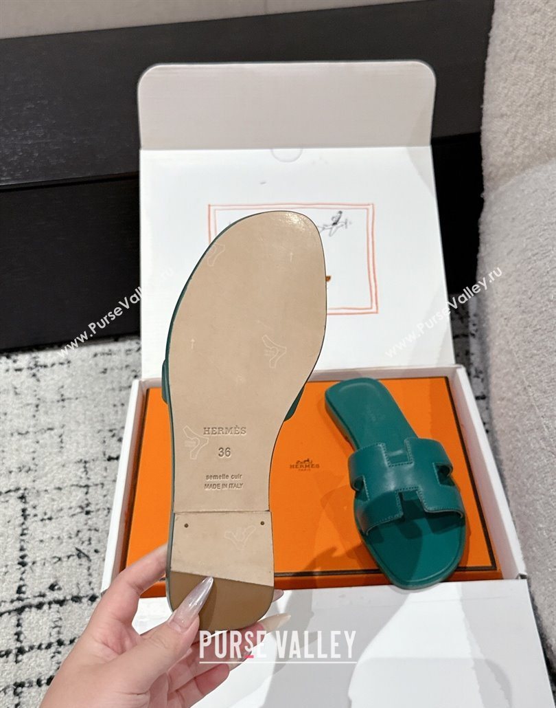 Hermes Classic Oran Flat Slides Sandal in Shiny Calfskin Green 02 2025 0606 (MD-250606118)