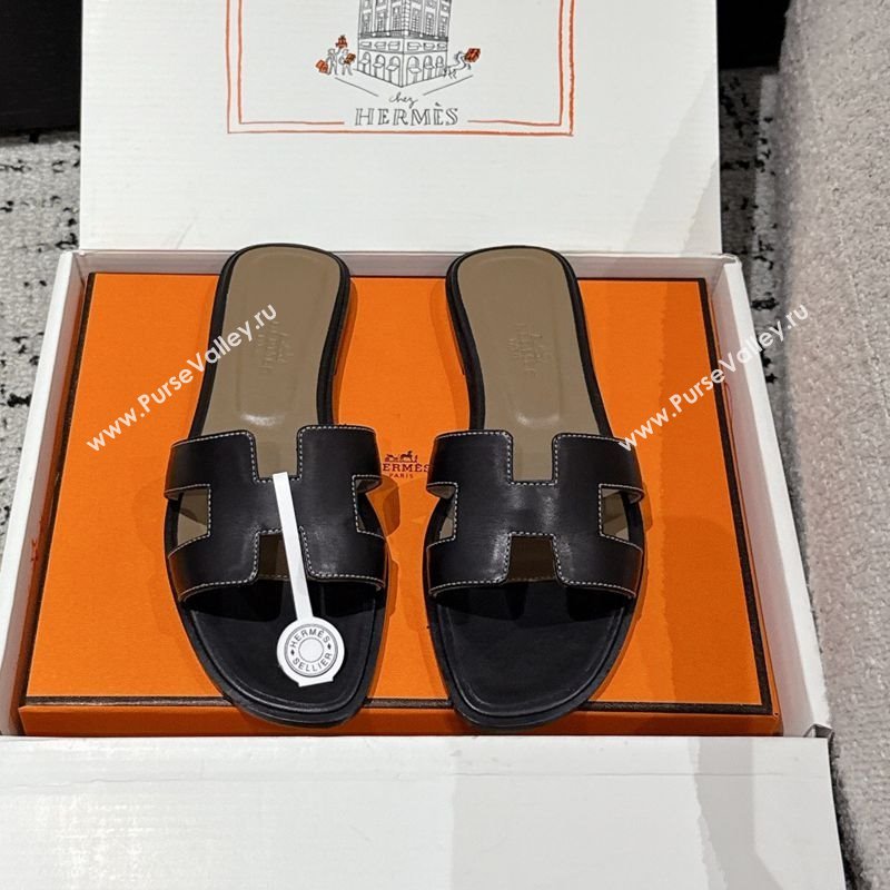 Hermes Classic Oran Flat Slides Sandal in Shiny Calfskin Black 10 2025 0606 (MD-250606120)