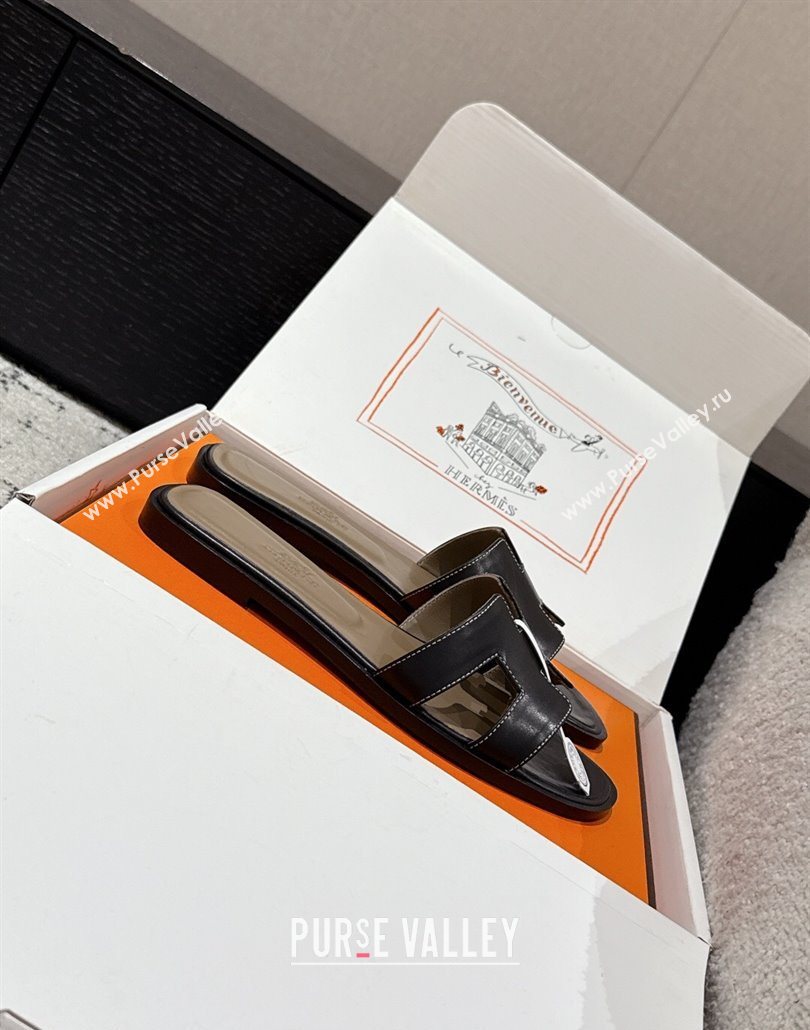 Hermes Classic Oran Flat Slides Sandal in Shiny Calfskin Black 10 2025 0606 (MD-250606120)