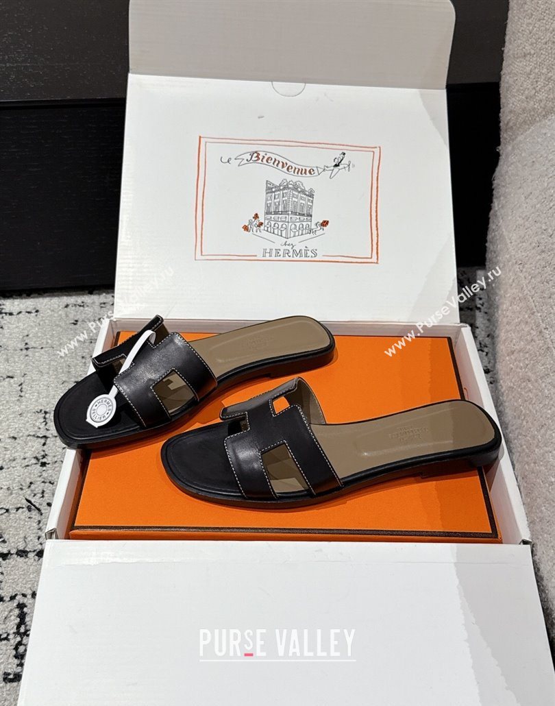 Hermes Classic Oran Flat Slides Sandal in Shiny Calfskin Black 10 2025 0606 (MD-250606120)