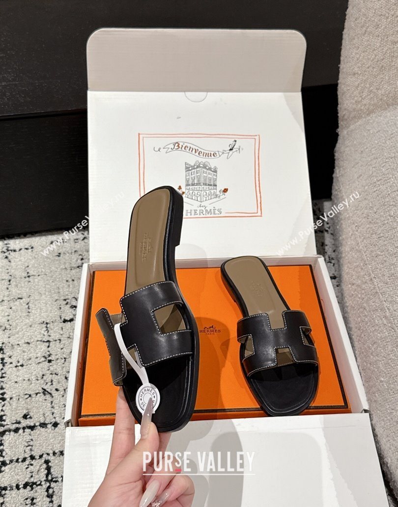 Hermes Classic Oran Flat Slides Sandal in Shiny Calfskin Black 10 2025 0606 (MD-250606120)