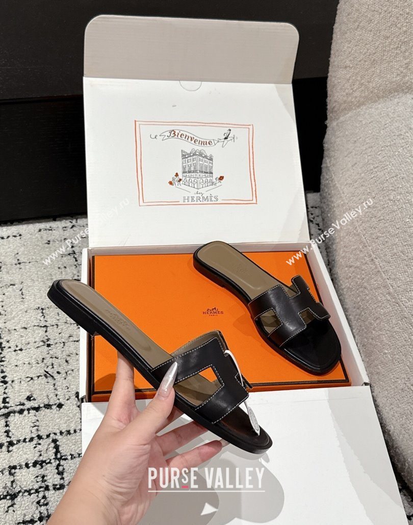 Hermes Classic Oran Flat Slides Sandal in Shiny Calfskin Black 10 2025 0606 (MD-250606120)