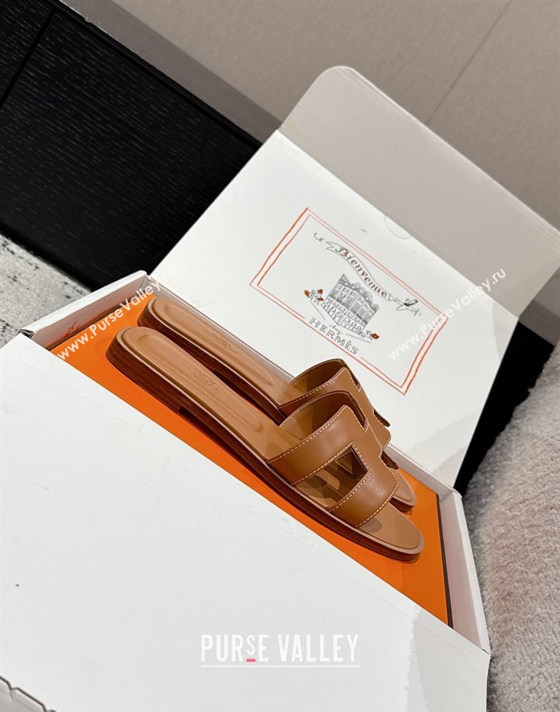 Hermes Classic Oran Flat Slides Sandal in Shiny Calfskin Brown 05 2025 0606 (MD-250606123)