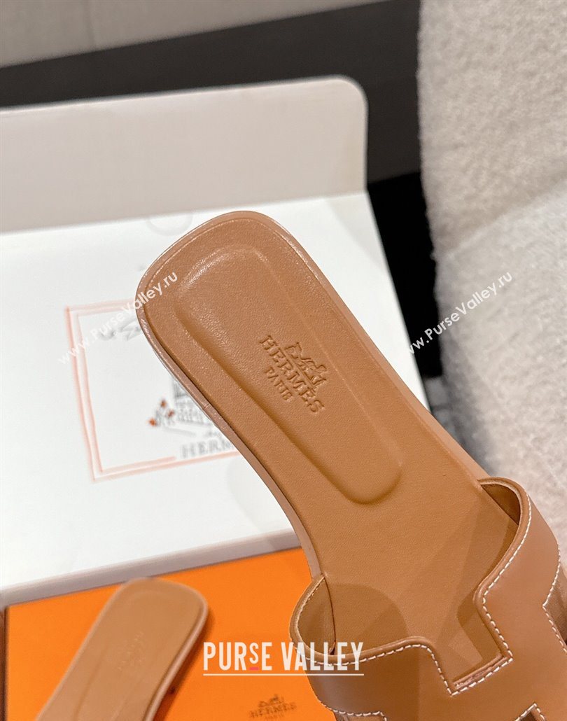 Hermes Classic Oran Flat Slides Sandal in Shiny Calfskin Brown 05 2025 0606 (MD-250606123)