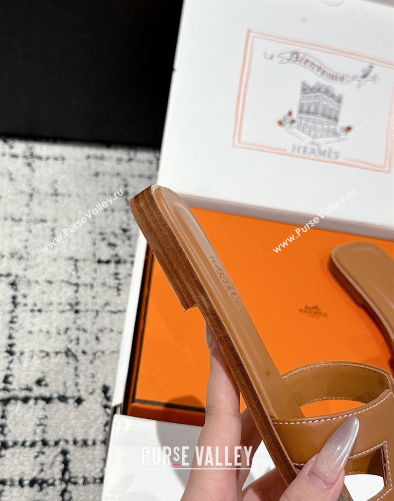 Hermes Classic Oran Flat Slides Sandal in Shiny Calfskin Brown 05 2025 0606 (MD-250606123)