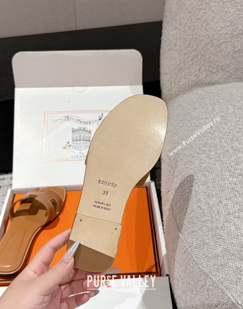 Hermes Classic Oran Flat Slides Sandal in Shiny Calfskin Brown 05 2025 0606 (MD-250606123)
