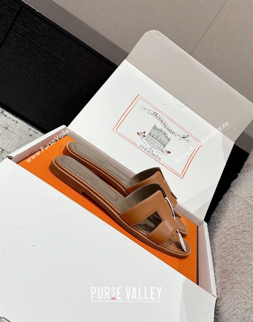 Hermes Classic Oran Flat Slides Sandal in Shiny Calfskin Brown 07 2025 0606 (MD-250606126)