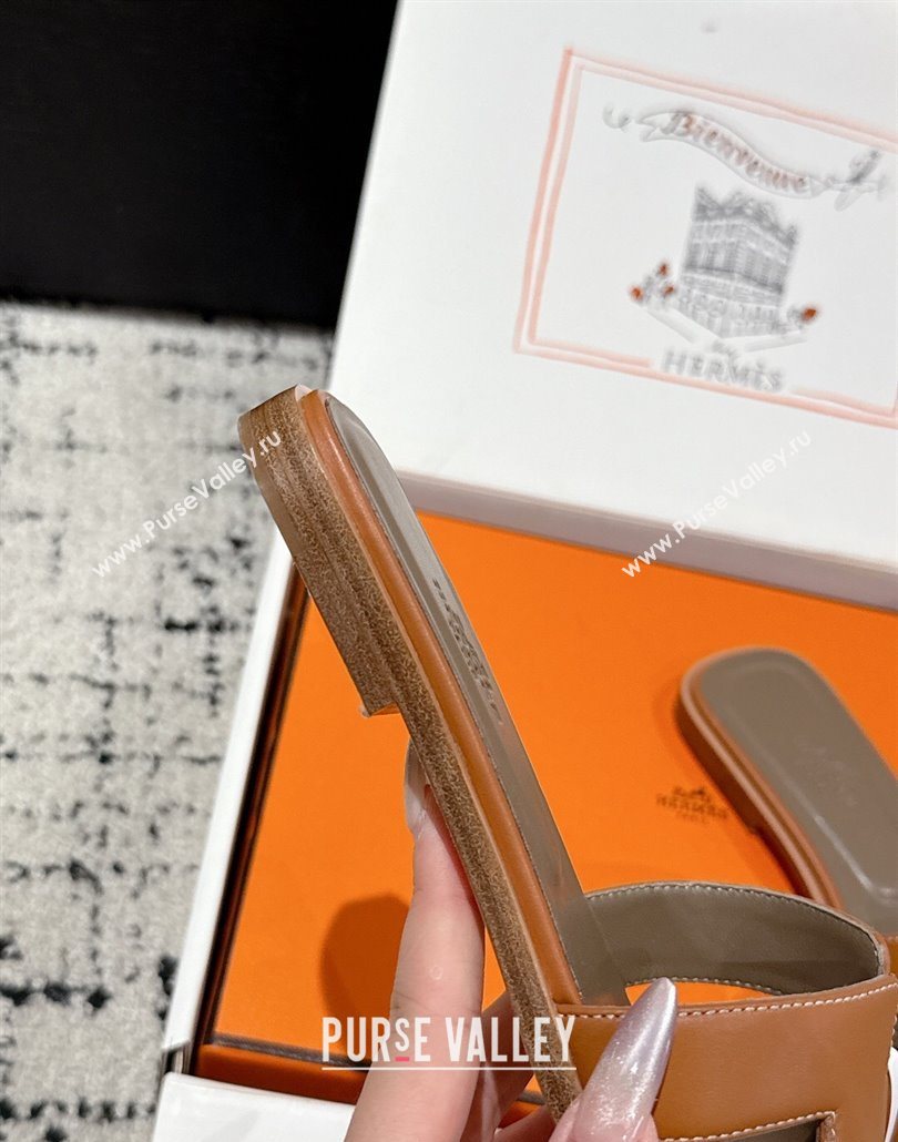 Hermes Classic Oran Flat Slides Sandal in Shiny Calfskin Brown 07 2025 0606 (MD-250606126)