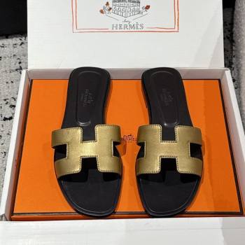 Hermes Classic Oran Flat Slides Sandal in Shiny Calfskin Gold 2025 0606 (MD-250606127)