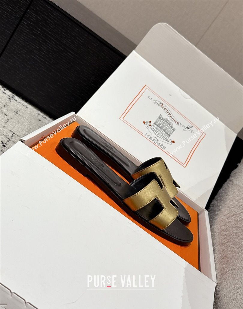 Hermes Classic Oran Flat Slides Sandal in Shiny Calfskin Gold 2025 0606 (MD-250606127)