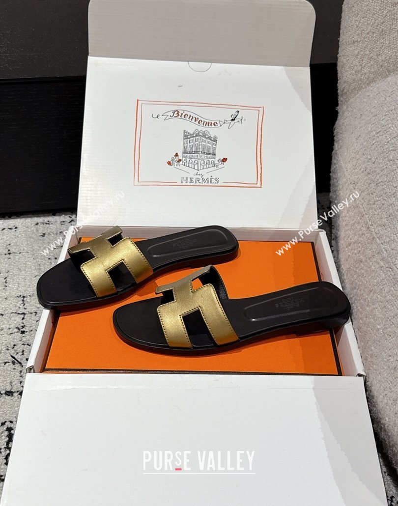 Hermes Classic Oran Flat Slides Sandal in Shiny Calfskin Gold 2025 0606 (MD-250606127)
