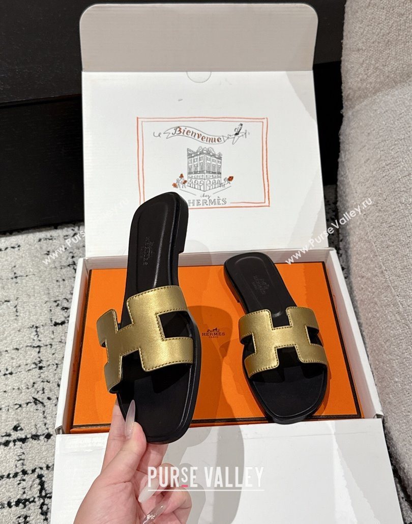 Hermes Classic Oran Flat Slides Sandal in Shiny Calfskin Gold 2025 0606 (MD-250606127)