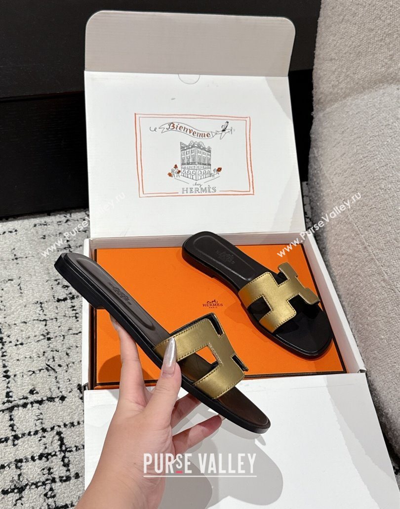 Hermes Classic Oran Flat Slides Sandal in Shiny Calfskin Gold 2025 0606 (MD-250606127)